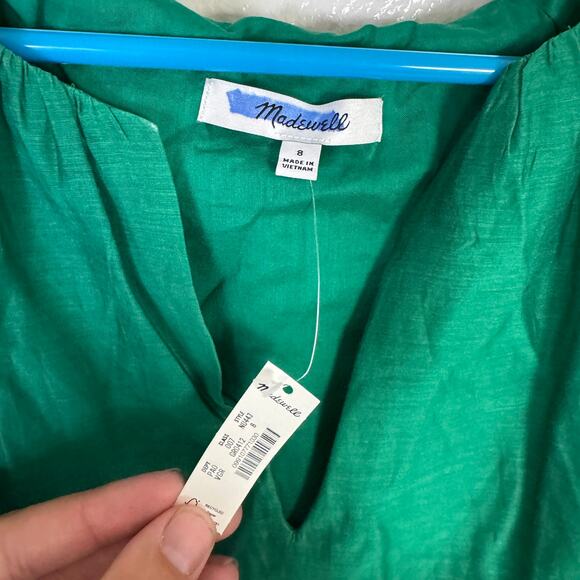 Madewell Bubble Sleeve Top Sz 8 Verdant Green Cotton Silk Split V-Neck Pullover - Picture 5 of 8